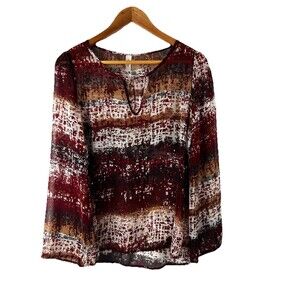 Pink Owl Sheer S Long Sleeve Blouse Abstract Stripe Print Split V Neck Tie Top